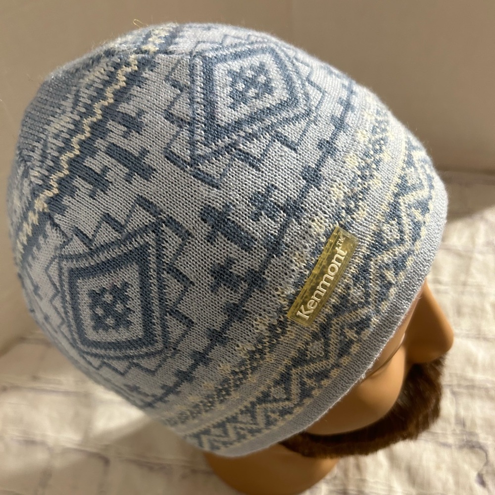 KENMONT WOOL BLEND LIGHT BLUE & WHITE PATTERN BEANIE BLACK SWEATBAND SIZE 58CM
